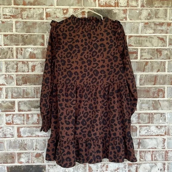SHEIN Dresses & Skirts - Shein Brown Black Animal Print High Neck Ruffle Mini Dress